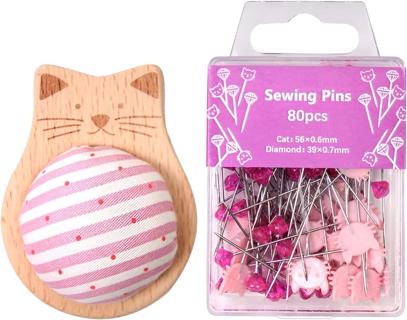 GadgetNova Cute Cat Pin Cushion Kit–Adorable Pincushion with 80 Craft Positioning Pins,Wooden Base Pin Cushions for Sewing Quilting and Needlepoint DIY Projects - Image 1